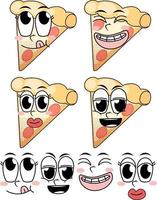 conjunto de desenhos animados de estilo vintage de expressão facial com pizza em fundo branco vetor
