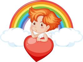 menino anjo segurando coração vermelho no fundo do arco-íris vetor