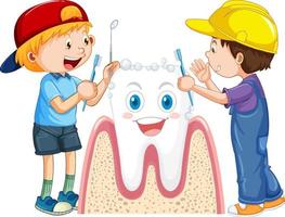crianças felizes escovando um dente grande com uma escova de dentes no fundo branco vetor