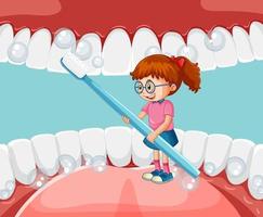 uma garotinha escovando os dentes com uma escova de dentes dentro da boca humana vetor