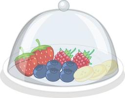 frutas vermelhas em um prato com tampa de vidro no fundo branco vetor