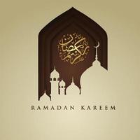 design luxuoso e elegante ramadan kareem com caligrafia árabe, lanterna tradicional e mesquita de portão colorido de gradação para saudação islâmica vetor