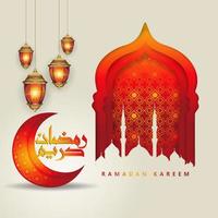 design luxuoso e elegante ramadan kareem com caligrafia árabe, lanterna tradicional e mesquita de portão colorido de gradação para saudação islâmica vetor