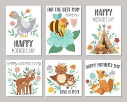 coleção de cartão de dia das mães de vetor com animais boho boho. desenhos pré-fabricados com insetos bebês da floresta e pássaros com mães. cartazes de estilo boêmio com raposa, coruja, urso, veado, ganso, abelha.