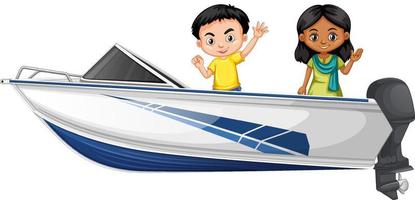 menino e menina de pé em um barco em alta velocidade em um fundo branco vetor