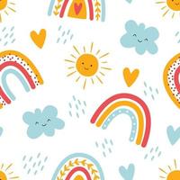 padrão perfeito de crianças com arco-íris, sol e nuvens para tecidos, roupas, feriados, papel de embalagem, decoração. ilustração vetorial. vetor