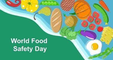 dia mundial da segurança alimentar em junho com legumes, pão e frutas. vetor