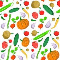 sem costura padrão com legumes em estilo cartoon. textura vetorial. ícones planas pimenta, abóbora, aspargos e tomate. vetor
