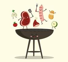 personagens engraçados sortidos de deliciosas carnes grelhadas com legumes sobre as brasas no churrasco vetor