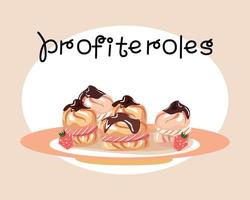 prato cheio de profiteroles. ilustração de pastelaria. cozinha francesa. sobremesa francesa. vetor