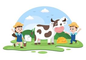 os agricultores estão ordenhando vacas para produzir ou obter leite com vista para prados verdes ou em fazendas em um estilo simples de ilustração vetor