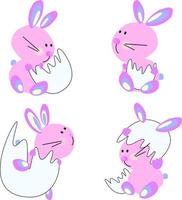 coelhos de animais de páscoa felizes, coelhos de bebê fofos com casca de ovo e ovos de páscoa, ilustração vetorial em um fundo branco vetor