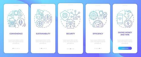 tecnologias inteligentes pros tela de aplicativo móvel de integração de gradiente azul. passo a passo 5 passos páginas de instruções gráficas com conceitos lineares. ui, ux, modelo de gui. inúmeras fontes pró-negrito e regulares usadas vetor