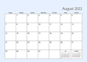 planejador de calendário de parede para agosto de 2022. idioma inglês, semana começa a partir de domingo. vetor