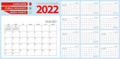 planejador de calendário turco para 2022. idioma turco, semana começa a partir de domingo. vetor