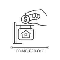 ícone linear de pagamento para baixo. quantia em dinheiro. empréstimo para compra de casa. imobiliária. venda de propriedade. ilustração de linha fina. símbolo de contorno. desenho de contorno vetorial. traço editável. fonte arial usada vetor