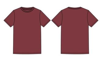 camisa básica de manga curta t técnica de moda plana esboço ilustração vetorial modelo de cor vermelho profundo vistas dianteiras e traseiras isoladas no fundo branco. vetor