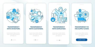 exemplos de tela de aplicativo móvel de integração azul de transparência. passo a passo corporativo 4 passos páginas de instruções gráficas com conceitos lineares. ui, ux, modelo de gui. uma miríade de fontes regulares pró-negrito usadas vetor