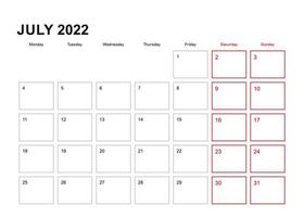 planejador de parede para julho de 2022 em inglês, a semana começa na segunda-feira. vetor