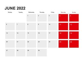 Design de calendário do planejador de junho de 2022. semana começa a partir de segunda-feira. vetor