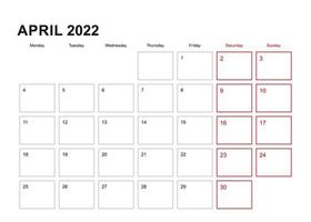 planejador de parede para abril de 2022 em inglês, semana começa na segunda-feira. vetor