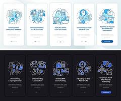 os expatriados lutam contra a tela da página do aplicativo móvel de integração escura e clara. passo a passo 5 passos instruções gráficas com conceitos. modelo de vetor ui, ux, gui com ilustrações lineares de modo noturno e diurno