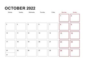 planejador de parede para outubro de 2022 em inglês, a semana começa na segunda-feira. vetor