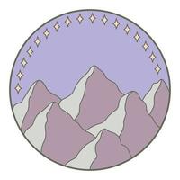 ilustração em vetor de montanha. ícone de contorno desenhado de mão colorida no quadro de círculo. para impressão, web, design, decoração, logotipo.