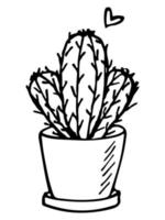 cacto simples desenhado à mão bonito. planta de casa em um clipart de pote. ilustração de cactos isolada no fundo branco. doodle em casa aconchegante. vetor