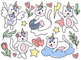 coleção de clipart de doodle de gato unicórnio vetor