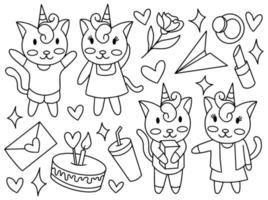 coleção de arte de linha de doodle de unicórnio de gato vetor