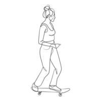 desenho de linha contínua de menina jogando skate vetor