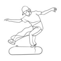 desenho de linha contínua de homem jogando skate vetor