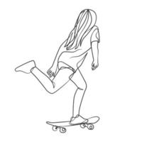 desenho de linha contínua de menina jogando skate vetor