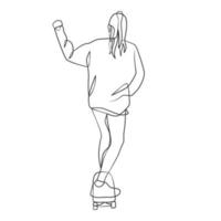 desenho de linha contínua de menina jogando skate vetor