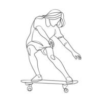 desenho de linha contínua de menina jogando skate vetor