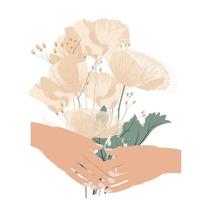 cartaz de um buquê de flores nas mãos das mulheres. cartão vetor stock ilustração de delicadas rosas, tulipas e papoilas. Cores pastel. projeto minimalista. Isolado em um fundo branco.