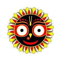 sorrindo sol jaganath. feliz amarelo hindu vermelho krishna avatar com olhos grandes celebração tradicional radha yatra com jagantha puri viagem de divindades adoração sagrada e grande celebração vetorial vetor