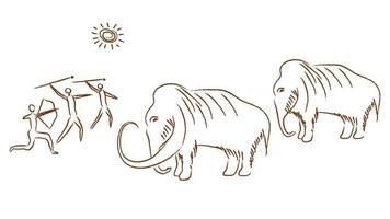 povos primitivos caçam ilustração de pinturas rupestres de mamute. caçadores de arco e lança primitivos atacam elefantes de lã antigos no sol vetor de luz