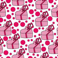 caixa de presente em forma de coração com padrão sem costura de arco, presente de dia dos namorados e pontos cor de rosa em fundo branco vetor