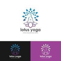 design de estoque de logotipo de ioga. meditação humana em ilustração vetorial de flor de lótus na cor roxa vetor