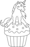 unicórnio sentado em um cupcake para colorir isolado vetor