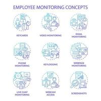 empregado monitorando conjunto de ícones de conceito gradiente azul. vigilância do local de trabalho. software de rastreamento corporativo. ilustrações de cores de linha fina de ideia de controle de trabalho. desenhos de contorno isolados vetoriais vetor