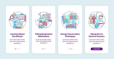 programa de reabilitação pulmonar integrando a tela da página do aplicativo móvel. passo a passo de tratamento 4 passos instruções gráficas com conceitos. modelo de vetor ui, ux, gui com ilustrações coloridas lineares