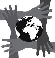 Mão segurando mundo e globo mãos idéia vetor