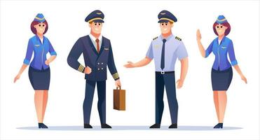 conjunto de caracteres piloto e comissário de bordo. ilustração vetorial amigável de piloto e aeromoça vetor