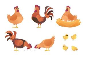 conjunto de desenhos animados de galinhas e filhotes de galos. personagens de frango em ilustração vetorial de poses diferentes