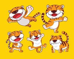 coleção de personagem de desenho animado tigre feliz com várias poses. ilustração de conjunto de mascote de tigre selvagem vetorial vetor