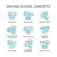 conjunto de ícones de conceito azul de escola de condução. ilustração de cores de linha fina de idéia de educação de equitação de carro. aprendendo sinais de trânsito e regras. carteira de motorista. desenhos de contorno isolado de vetor. traço editável vetor