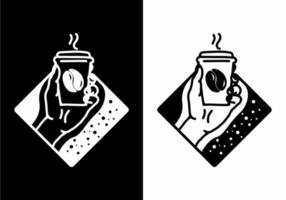 ilustração de arte de linha preto e branco de mão segurando um café vetor